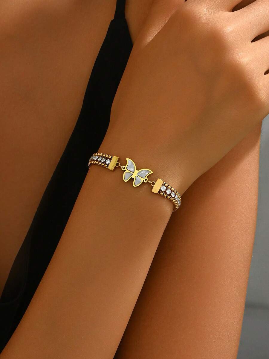 1 chiếc vòng tay chuỗi bướm pha lê bằng thép không gỉ thời trang - Vàng - Xem 1