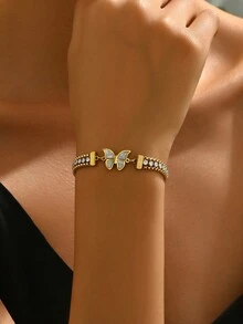 1 chiếc vòng tay chuỗi bướm pha lê bằng thép không gỉ thời trang - Vàng - Xem 4