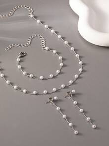 1pc Necklace, 1pair Earrings, 1pc Bracelet - 3pcs/Set Pearl Jewelry Set, Boho Style, Simple & Elegant Design, Suitable For Mother's Day, Daily Wear, Banquet And Party - Antique Silver - View 6