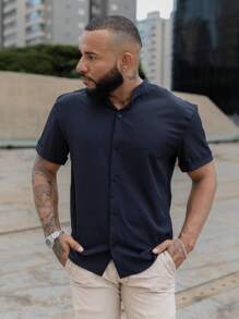 Men's Shirt With Priest Collar - 藏蓝色 - 查看 2