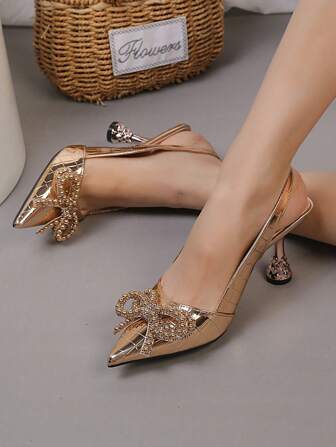 Fall/Winter Women's Pointed Toe High Heel Pumps Decorated With Faux Pearl Flowers And Open Back Valentines, Elegant, Party