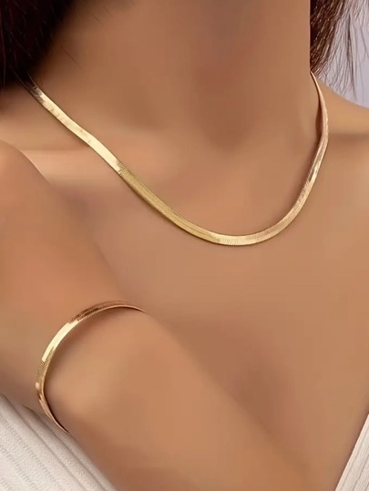 Conjunto de 2 piezas de collar y pulsera de cadena plana de serpiente chapada en oro de 18K, de estilo sexy y sencillo para mujer, de acero inoxidable apto para uso diario