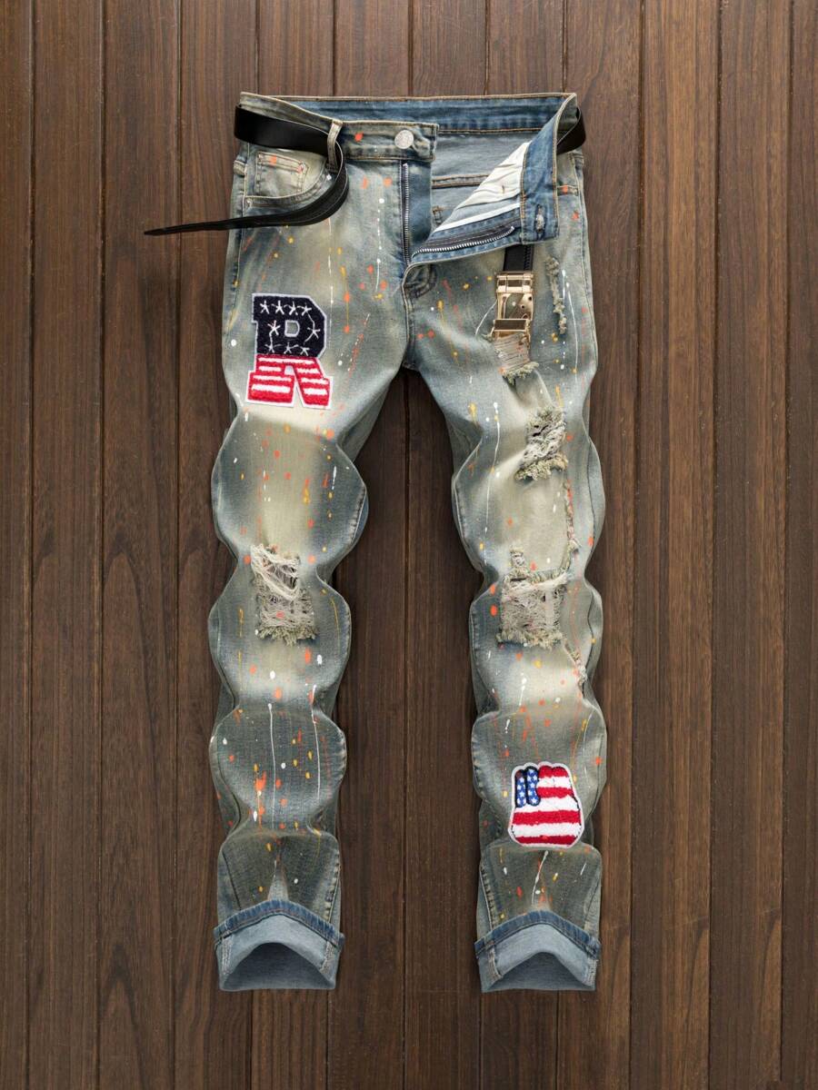 New Street Style Splashed Ink Country Hole Breaking Fashion Personality Straight Leg Jeans - Màu xanh lam - Xem 1