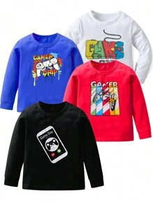 4pcs Tween Boy Video Game Print Round Neck Long Sleeve T-Shirts, Fall, Sweatshirt - Multicolor - View 1