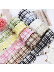 1 pieza Cinta a cuadros con volantes, cinta de satén a cuadros elegante, cinta de tul con flores para ramos, cinta decorativa para lazos - Multicolor - Ver 1