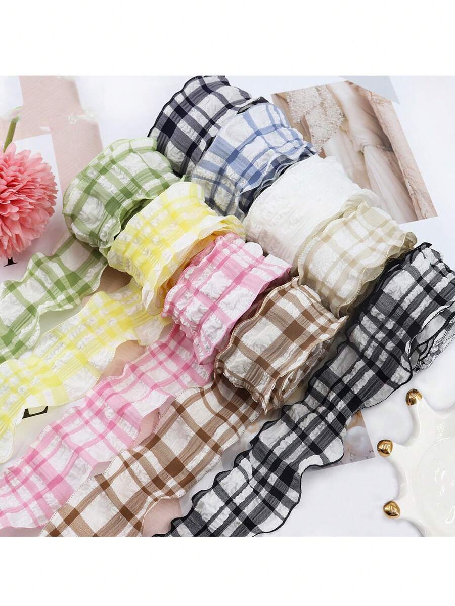 1 pieza Cinta a cuadros con volantes, cinta de satén a cuadros elegante, cinta de tul con flores para ramos, cinta decorativa para lazos - Multicolor - Ver 1