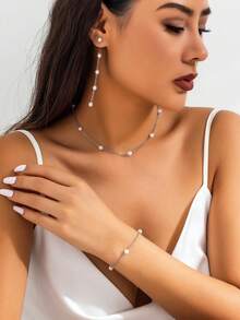 1pc Necklace, 1pair Earrings, 1pc Bracelet - 3pcs/Set Pearl Jewelry Set, Boho Style, Simple & Elegant Design, Suitable For Mother's Day, Daily Wear, Banquet And Party - Antique Silver - View 2