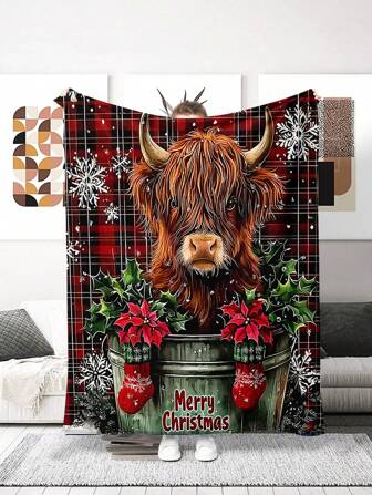 1pc Cute Christmas Mini Cow Fleece Blanket, Soft & Warm For Sofa, Office, Bed, Camping, Travel, Nap