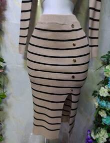 Conjunto Rayado Tela Vizcosa Crop y Falda con Abertura MOD. MAU - Camel - Ver 3