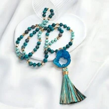 1 件新款波西米亚风 8 毫米天然石与玻璃打结项链，不对称水晶吊坠配流苏装饰毛衣链，适合女士 - NK10840 - 查看 7