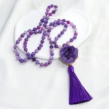 1 件新款波西米亚风 8 毫米天然石与玻璃打结项链，不对称水晶吊坠配流苏装饰毛衣链，适合女士 - NK10840 - 查看 5