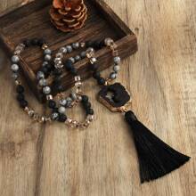 1 件新款波西米亚风 8 毫米天然石与玻璃打结项链，不对称水晶吊坠配流苏装饰毛衣链，适合女士 - NK10840 - 查看 9