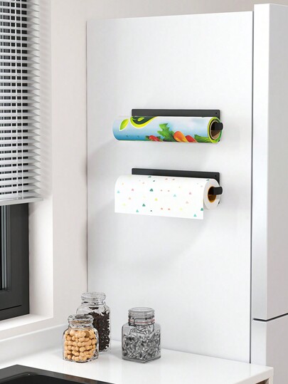 1/2pcs Magnetic Tissue Paper Holder, Self-Adhesive Base Suitable For Refrigerator, Washing Machine And Microwave, Saves Space, Easy Detachable And Installable, Kitchen & Bathroom Accessory