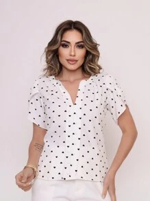 MARILYN MONNA New Women's Blouse Heart Print Petal Sleeve V-Neck Summer Beach - Vitt - Visa 4