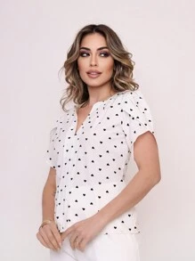 MARILYN MONNA New Women's Blouse Heart Print Petal Sleeve V-Neck Summer Beach - Vitt - Visa 5