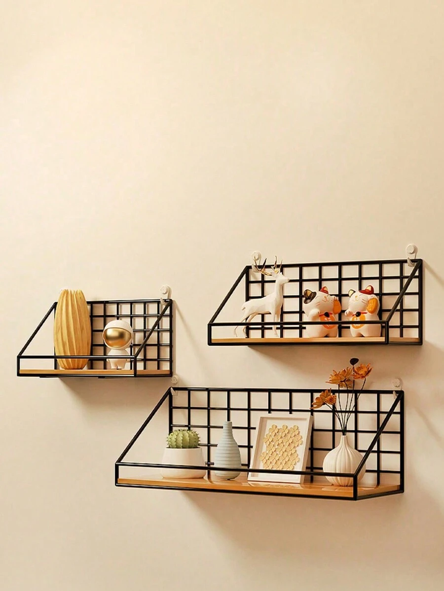 1PC（带挂钩）收纳架，无需钻孔，壁挂式收纳架，壁挂式收纳架，宿舍房间，客厅，整理壁挂式杂物，学生宿舍收纳架，宿舍床边收纳壁架，壁挂架 - 黑色 - 查看 1