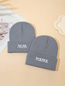 2pcs Papa & Mama Solid Color Knit Beanies, Autumn And Winter - 2pcs - View 2