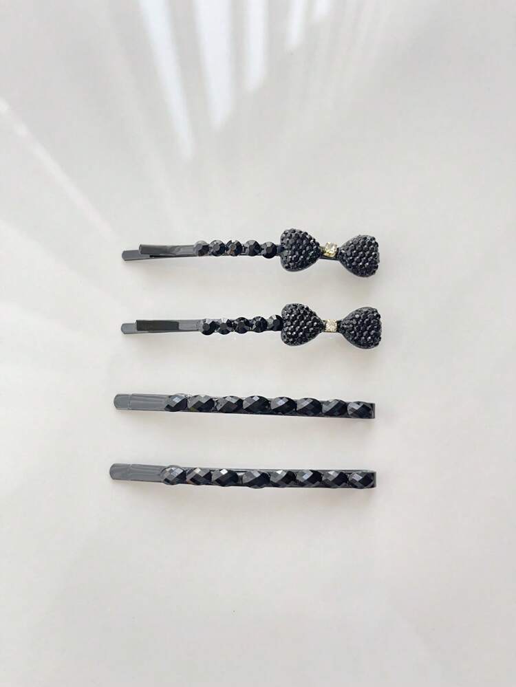 4pcs Elegant Crystal Decorated Hair Clips, Black Rhinestone Barrettes For Daily Wear Valentine's Day Claw Clips, Hair Accessories, Head Accessories, Hairpin,Summer,Holiday,Travel