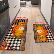 1pc Autumn Pumpkin Print Carpet, Thanksgiving Pumpkin & Maple Leaf Checkered Rug For Kitchen, Living Room, Entryway, Decorative Machine Washable Non-Slip Floor Mat, Great Fall Gift For Family & Friends