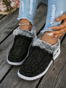 女士休闲保暖内衬黑白帆布鞋，透气防滑硫化橡胶鞋底，圆头，松紧带，一脚蹬设计，轻便休闲工作运动鞋 - 黑與白 - 查看 3