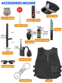 12 件套警察玩具套装，适合男孩和女孩，配有警察角色扮演配件，包括警徽、对讲机、警棍、手铐、警服、防弹衣和警帽。非常适合儿童装扮派对和警察服装。它是圣诞节和生日的完美礼物，适合 6 7 8 岁以上的男孩和女孩 - 黑色 - 查看 3