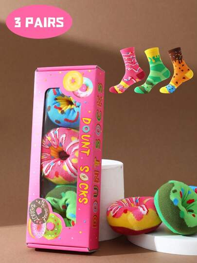 3 Pairs Of Interesting Donut Socks, Birthday Gift, Valentine\ Day Gift, Mother\ Day Gift, Novelty Gift Box, Multi-Piece Colored Creative Mid-Tube Socks, Men And Women Styles, Festival Novelty, Colorful, Interesting And Unique, Comfortable And Breathable, Improve The Atmosphere Of Family Day, Fashion, Fall