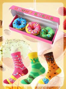 3 Pares de Calcetines interesantes de donas, regalo de cumpleaños, regalo de San Valentín, regalo del Día de la Madre, caja de regalo de novedad, calcetines creativos de media caña de múltiples colores en estilo para hombres y mujeres, novedosos para festivales, coloridos, interesantes y únicos, cómodos y transpirables, mejoran la atmósfera del Día de la Familia, moda de tendencia.