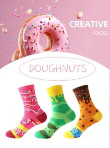 3 Pares de Calcetines interesantes de donas, regalo de cumpleaños, regalo de San Valentín, regalo del Día de la Madre, caja de regalo de novedad, calcetines creativos de media caña de múltiples colores en estilo para hombres y mujeres, novedosos para festivales, coloridos, interesantes y únicos, cómodos y transpirables, mejoran la atmósfera del Día de la Familia, moda de tendencia.