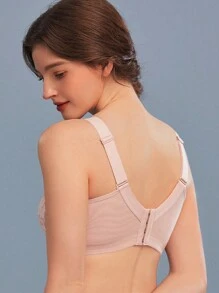 女士舒适法式浪漫蕾丝内衣，轻薄面料，提升支撑，无钢圈文胸，适合大胸围 - 粉色 - 查看 3