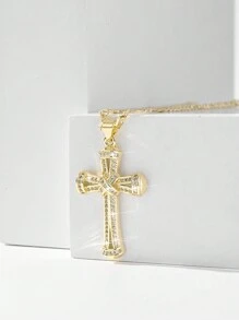 1pc New Hypoallergenic Copper Inlaid Zirconia Jesus Cross Pendant Necklace, Suitable As Gift For Mother/Valentine's Day Couples/Friends/Believers, Suitable For Christmas/Thanksgiving/Halloween/Mother's Day/Valentine's Day Couples/Friends/Believers, Catholic First Communion, Gift, Daily & Holiday Wear Prayer - Yellow Gold - View 3