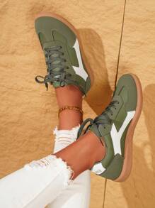 Giày thể thao Color Block - Giày đế mềm nhẹ buộc dây thường ngày - Đi bộ, trượt ván, mặc hàng ngày - Dành cho nữ - Thoải mái, thời trang, đa năng - Bước vào thời trang và sự thoải mái - màu xanh lá - Xem 6