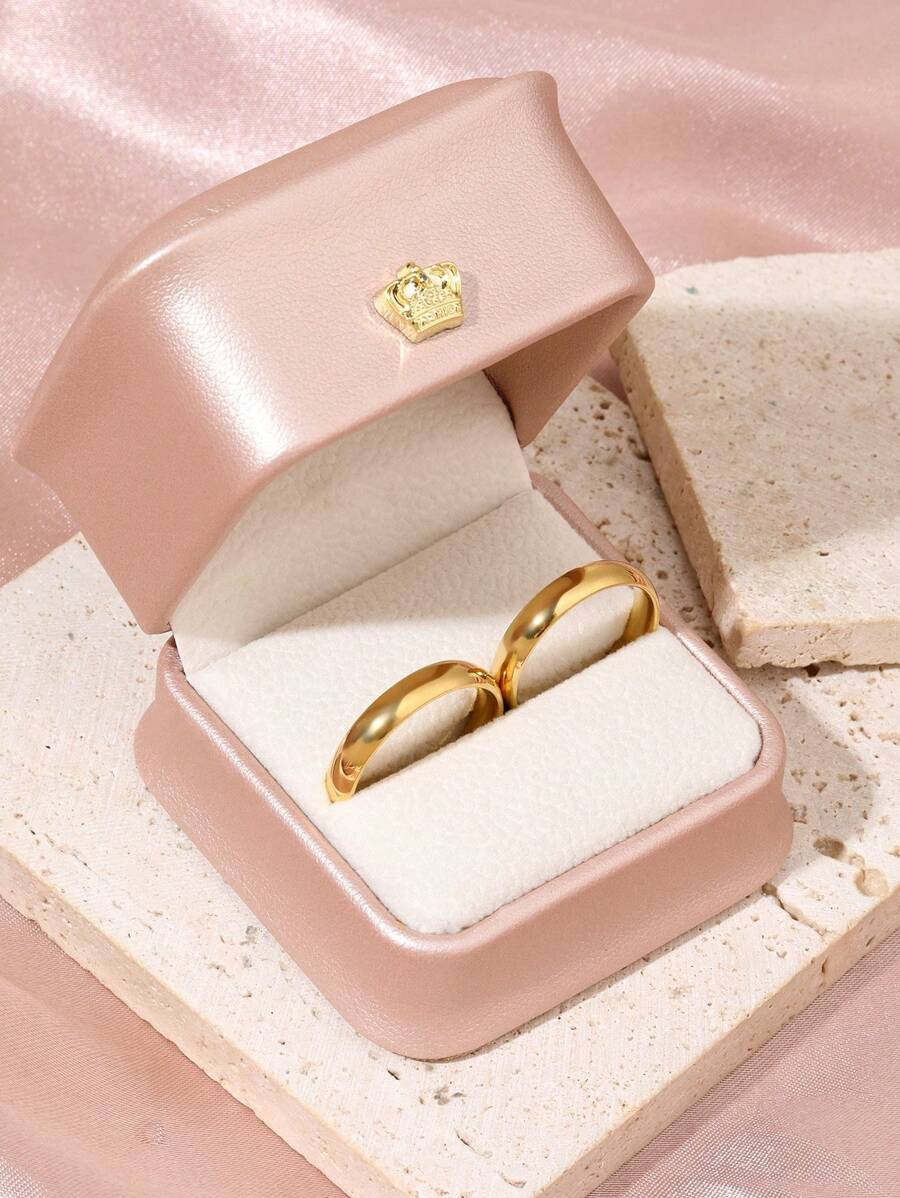 2 件/套 简约不锈钢 18k 镀金情侣戒指 情侣戒指 求婚戒指 新娘和新郎结婚戒指 带粉色皇冠戒指盒 4mm 内外圆形金戒指 适合男女情侣日常婚礼佩戴 - 金色 - 查看 1