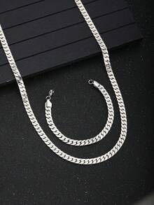 2pcs/Set Men Minimalist Stainless Steel Chain Necklace & Bracelet Suitable For Street Party Fashion Jewelry For Daily Decoration - Silver - View 3
