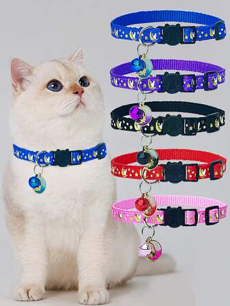 1pc Glow-In-The-Dark Star & Moon Pattern Pet Collar, Adjustable Anti-Choking Buckle, With Bell & Decorative Pendant, Fit For Cats & Dogs Under 5kg