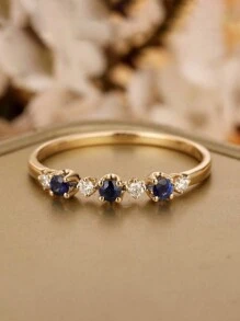 Set Kotak Hadiah: Cincin Mewah Elegan dengan Satu Baris Batu Permata Putih dan Biru Bertatahkan Mikro, Tembaga Murni Berlapis Emas Imitasi, Cocok untuk Wanita, Pernikahan, Pertunangan, Hadiah Hari Valentine, Ibu, Hari Ibu, Hadiah. - Emas - View 2