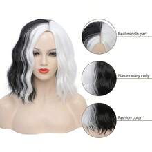 Rosa Stern Deville Perücke 14 Zoll kurzer Bob Wellen Schwarz und Weiß Perücke Halb Schwarz Halb Weiß Bob Perücken Synthetische Bob Perücken Glueless Perücken Hitzebeständige synthetische Haare Perücken für Frauen Halloween Perücken Kostüm Cosplay Perücken für Party, erschwingliche Perücken, Mode Haarverlängerungen, Feiertags Perücken, Weihnachten, Heiligabend und andere festliche Mode Perücken - Schwarz und Weiss - Übersicht 6