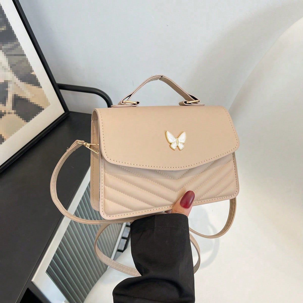 Bolso cuadrado de hombro cruzado con solapa y diseño de lazo en piel de PU de unicolor, adecuado para el uso diario, compras, viajes, reuniones, sali