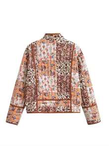 Abrigo acolchado con estampado floral colorido y solapa con botones para mujer, chaqueta corta de manga larga de color contrastante, para usar en otoño, Navidad y almuerzos