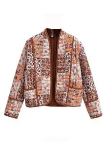 Abrigo acolchado con estampado floral colorido y solapa con botones para mujer, chaqueta corta de manga larga de color contrastante, para usar en otoño, Navidad y almuerzos