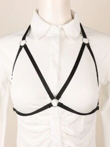 1件黑色性感束缚胸罩内衣哥特式束缚笼胸罩女士露脐连体衣涤纶镂空弹力带 - 黑色 - 查看 3