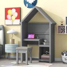 Study Desk And Chair Set, Kids Desk And Chair Set, Wooden Kids Computer Desk With Detachable Cushion Stooll, House-Shaped Desk With Storage Shelf For Bedroom Christmas Gift - 灰色+松木+美式設計 - 查看 1