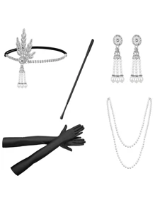 Bộ phụ kiện trang phục Halloween thập niên 1920: Vòng cổ ngọc trai giả, Hộp đựng thuốc lá, Băng đô lông vũ - Nhiều màu - Xem 3