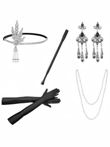 Bộ phụ kiện trang phục Halloween thập niên 1920: Vòng cổ ngọc trai giả, Hộp đựng thuốc lá, Băng đô lông vũ - Nhiều màu - Xem 4