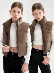 少女双面无袖短款冬季羽绒服 - 棕色 - 查看 2