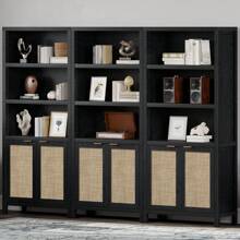 SICOTAS Rattan 5 Tier Bookshelf, 5 Shelf Bookcase With Doors Library Bookcase For Home Office, Living Room - Black Oak - View 4