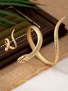 2pcs Fashionable Geometric Snake Wrap Open Bangle And Ring Set For Women, Party Accessories Gift