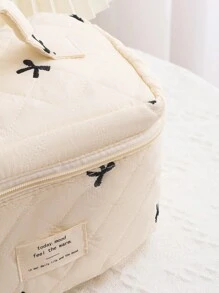 Women's Bow Embroidered And Quilted Makeup Bag Sets, Cute Macaron Color Large Capacity Cosmetic Bag, Lightweight Fluffy Filling Toiletries Bag For Travel Storage,Daily Use. For School Cosmetic Bag Back To School Supplies Cosmetic Storage School Stuff Bag Organizer Room Stuff Travel Essentials Make Up Bag Holiday Essentials Makeup Bags Makeup Pouch Makeup Organizer Holiday Winter Make Up Organizer Makeup Storage Valentines - Beige - View 4