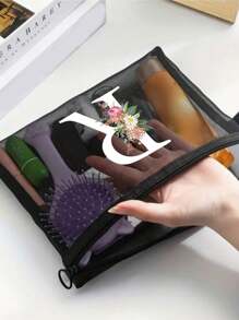 1 túi lưới màu đen, túi đựng mỹ phẩm lưới trong suốt in hoa trắng chữ A-Z, túi du lịch đa năng, túi đựng son môi, sản phẩm chăm sóc da, túi đựng đồ trang điểm, túi đựng văn phòng phẩm cho học sinh, túi lưới có khóa kéo, túi đựng mỹ phẩm du lịch, đơn giản và cao cấp, túi đựng trang sức, thích hợp cho chỗ ở, du lịch, công tác, bơi lội, lưu trữ tại nhà. - màu đen - Xem 8