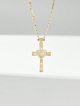 1pc & Simple Copper Inlaid Zirconia Embossed 3D Heart And Cross Pendant Necklace, Suitable As Mother/Couple/Best Friend/Best Buddy Gift, Daily And Festival Wear And Praying