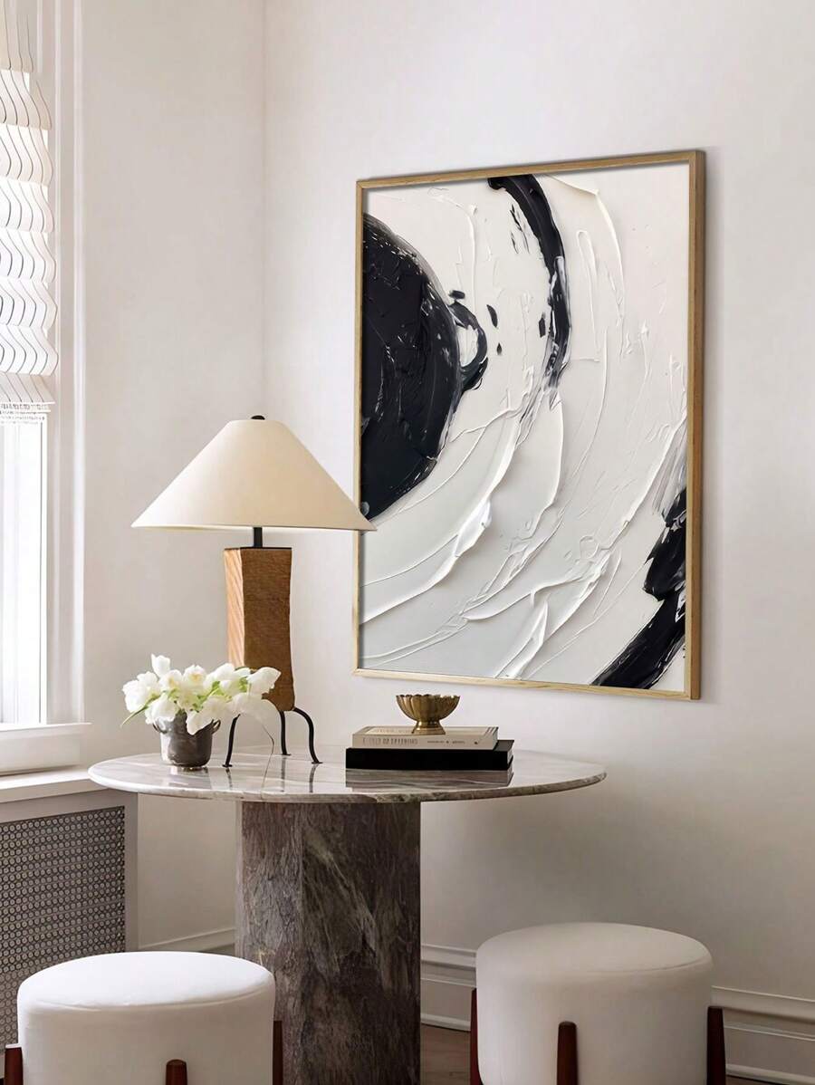 1pc Black And White Abstract Canvas Poster, Oil Painting, Flat Print, Wall Art Decoration, Living Room, Bedroom, Dining Room, Without Solid Wood Frame - Black and White - View 1
